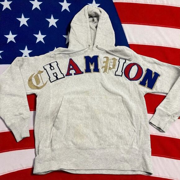 Champion Reverse Weave Hoodie Sweatshirt Men's Small Gray Spell Out With Spots - Picture 1 of 11